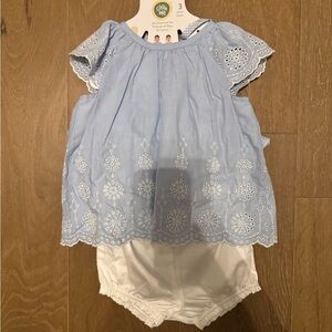 Little Me Blue 3 Piece Set Eyelet Dress with White Bloomers & Romper